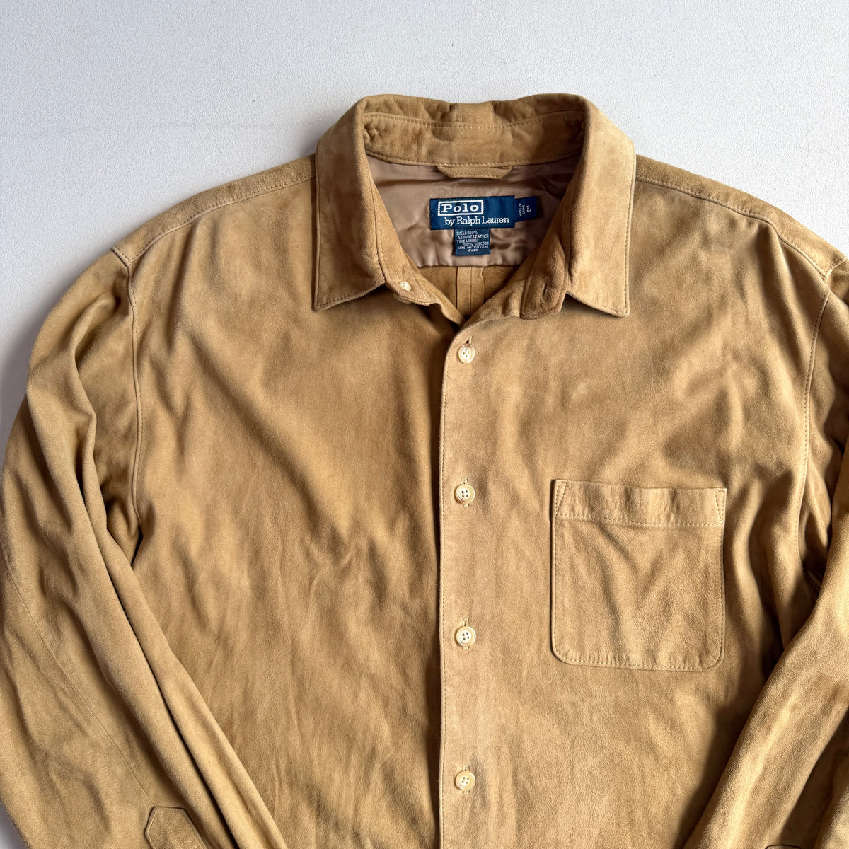 Polo Ralph Lauren (L) Suede Leather Tan Button Front Long Sleeve Shirt