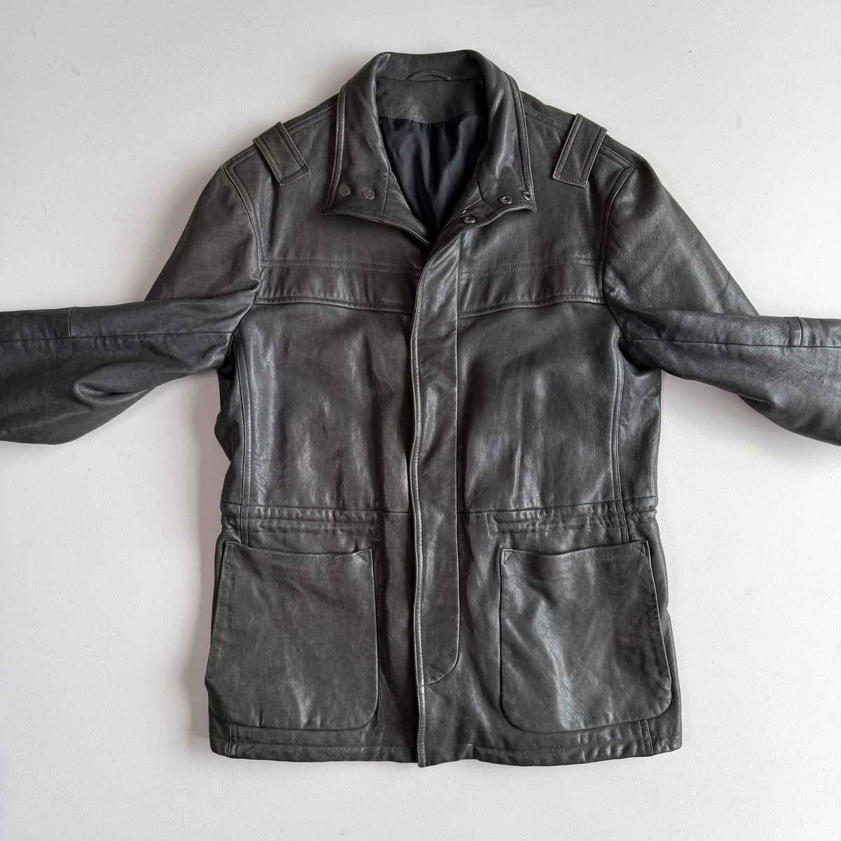 Z Zegna (54 /XL) Leather Charcoal Gray Motorcycle Utility Coat Jcket