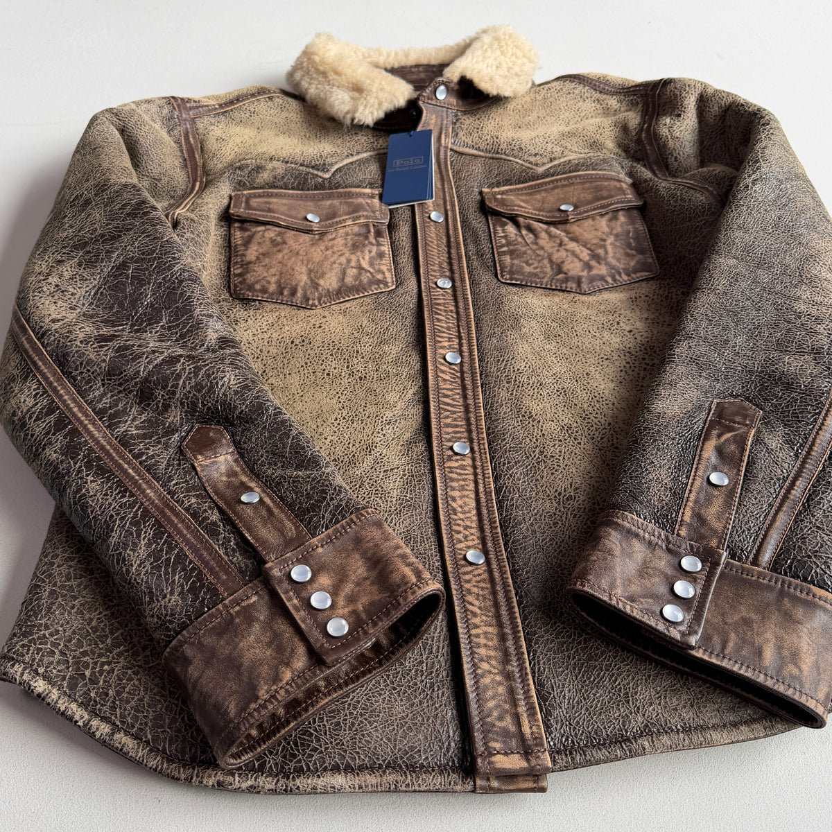 NWT Polo Ralph Lauren (S) Leather Shearling Western Pearl Snap Jacket Shirt