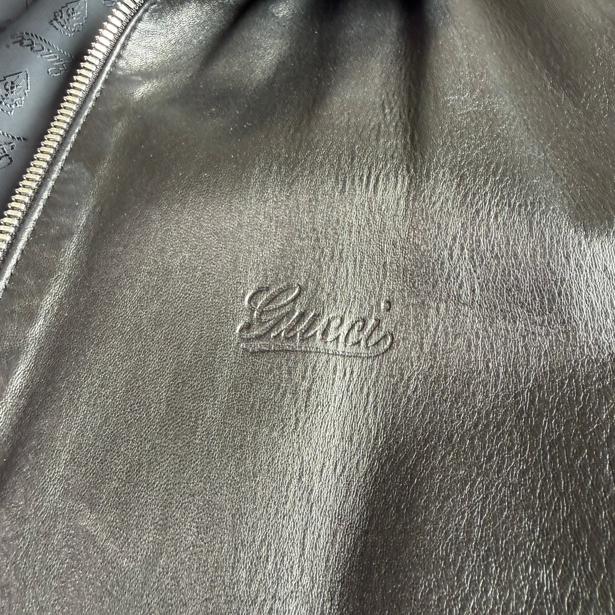 Gucci (58IT /2XL) Black Leather Bomber Style Green/Red Accent Jacket