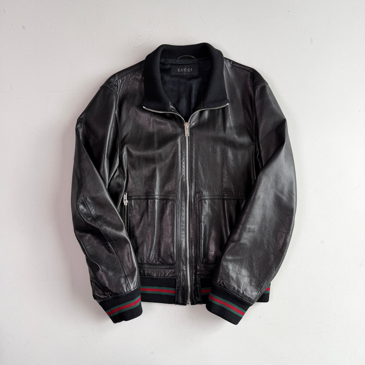Gucci (58IT /2XL) Black Leather Bomber Style Green/Red Accent Jacket