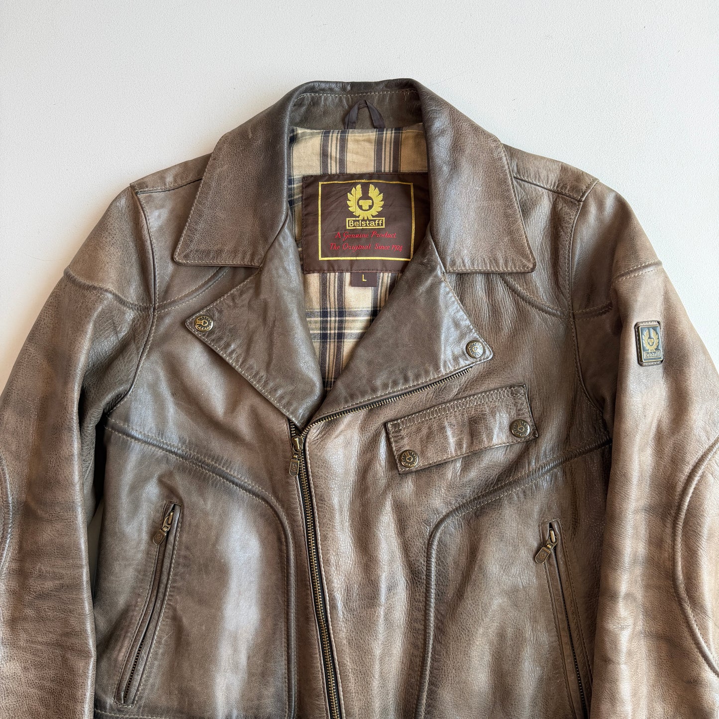 Belstaff Gold Label (L) Taupe Leather Belted Asymmetrical Zip Jacket