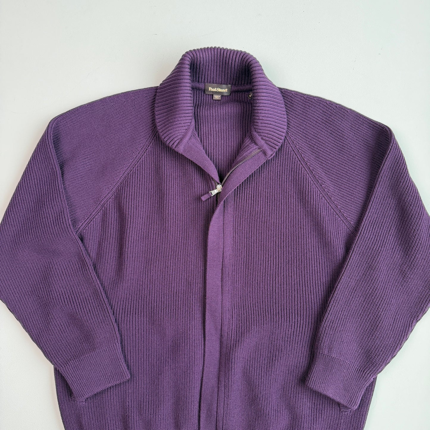 Paul Stuart (XL) Royal Purple Wool Heavy Rib-Knit Zip Sweater Cardigan