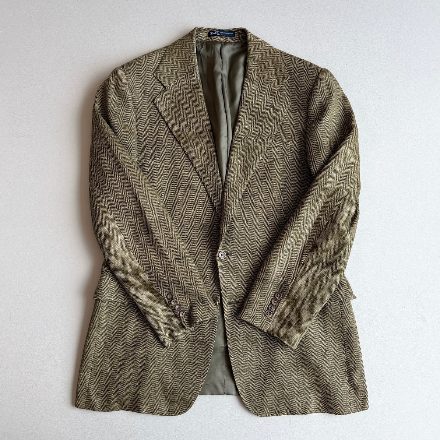 Polo Ralph Lauren (42R) Olive Green 100% Flax Tweed Herringbone Sport Coat