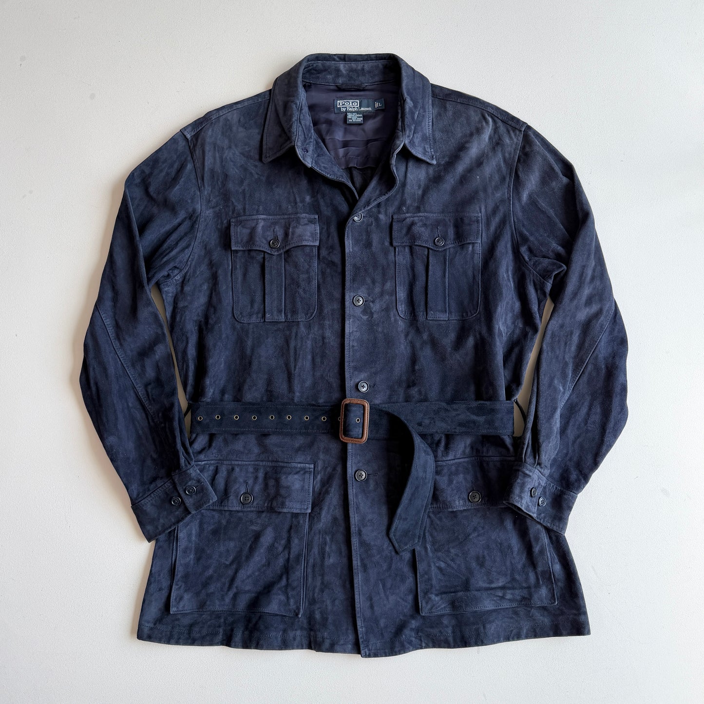 Polo Ralph Lauren (L) Blue Suede Leather Safari Belted Jacket Coat