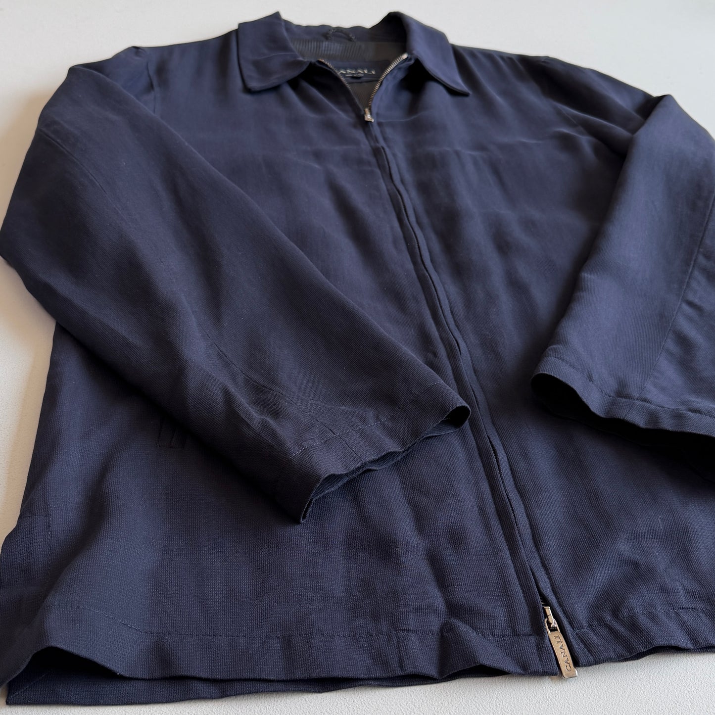 Canali (56 / 46L) 100% Silk Navy Blue Full Zip Tailored Harrington Jacket