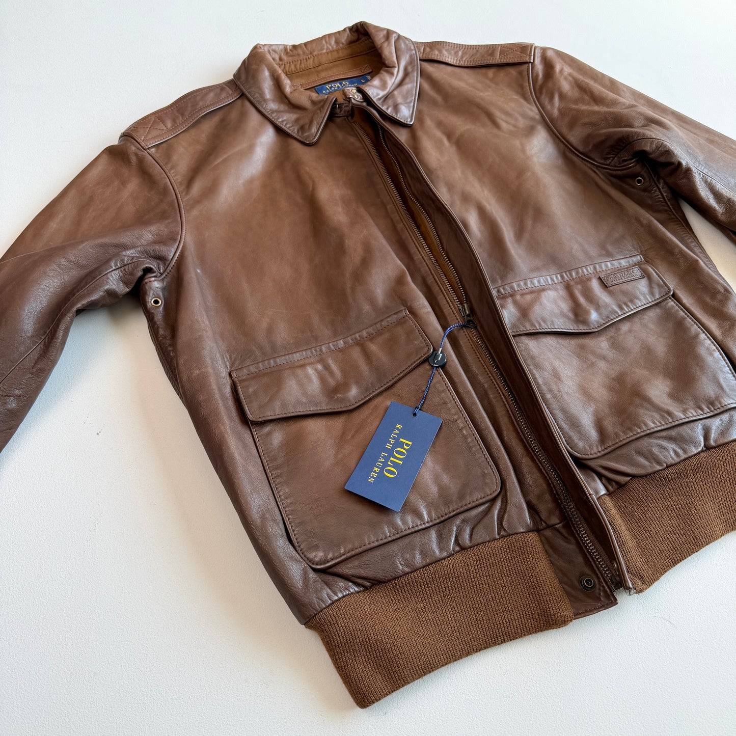NWT Polo Ralph Lauren (L) A2 Bomber Farrington Leather Brown Jacket