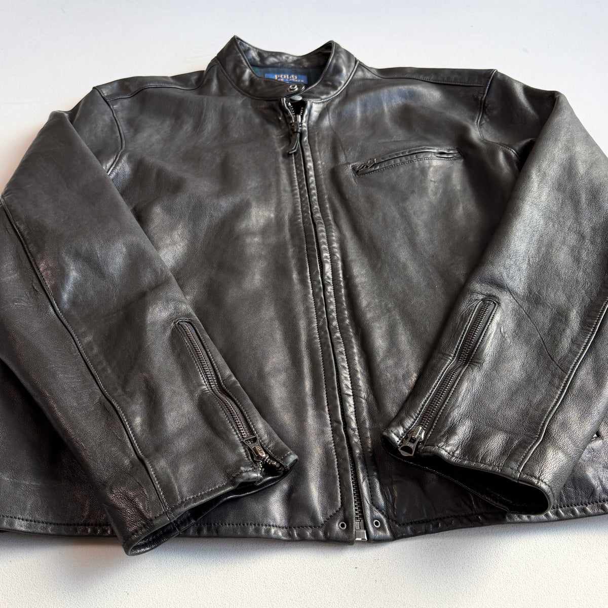 Polo Ralph Lauren (2XL) Midnight Brown Sheep Leather Cafe Racer Motorcycle Jacket