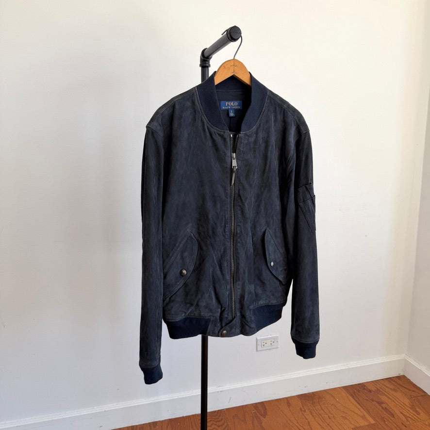 Polo Ralph Lauren (L) Navy Blue Goat Suede Leather Bomber Jacket