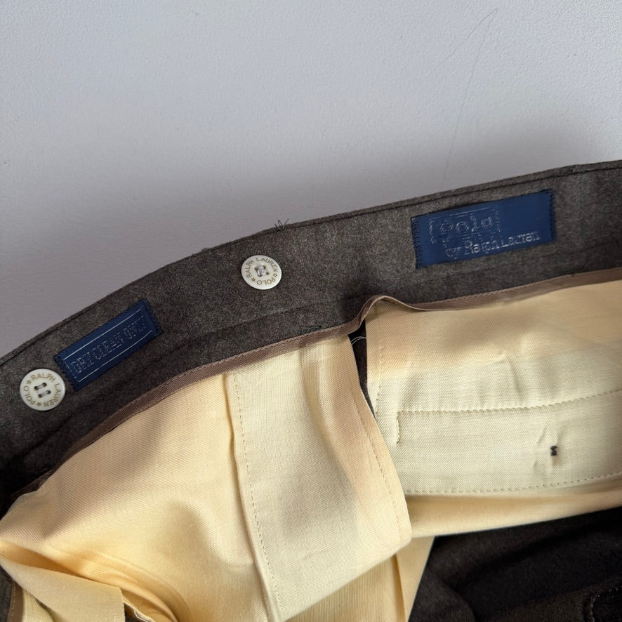 VNTG Polo Ralph Lauren (37x34) Wool Flannel Pleated Olive Trousers Pants