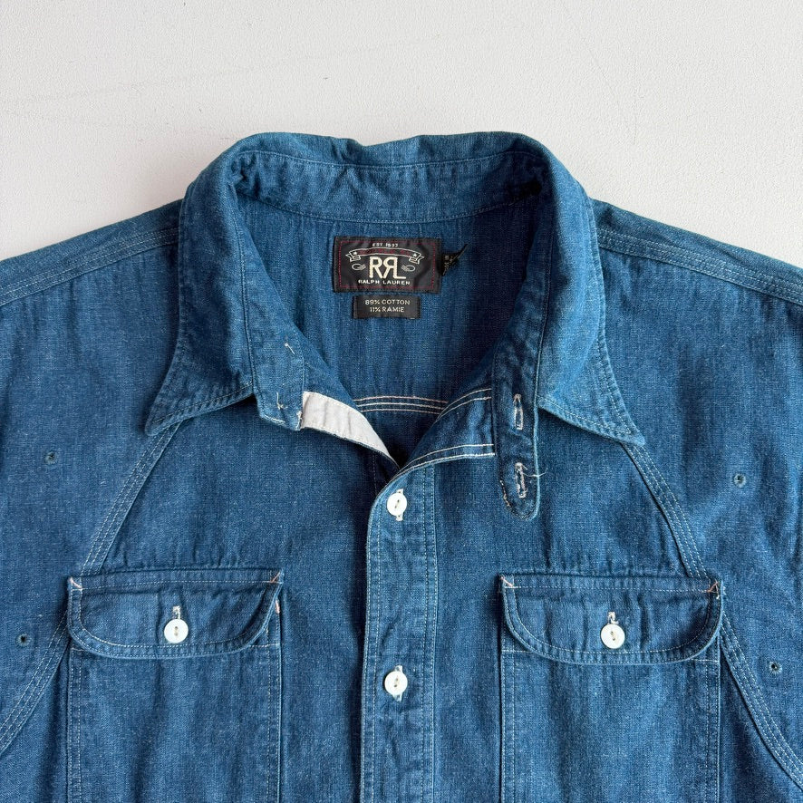 RRL Ralph Lauren (L) Indigo Cotton/Ramie Chambray Scalloped Yoke Work Shirt