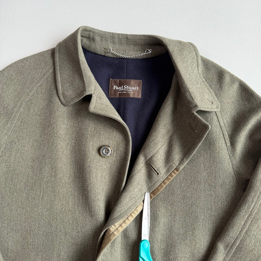 Paul Stuart (40R) Sage 100% Wool Twill Lined Balmacaan Car Coat