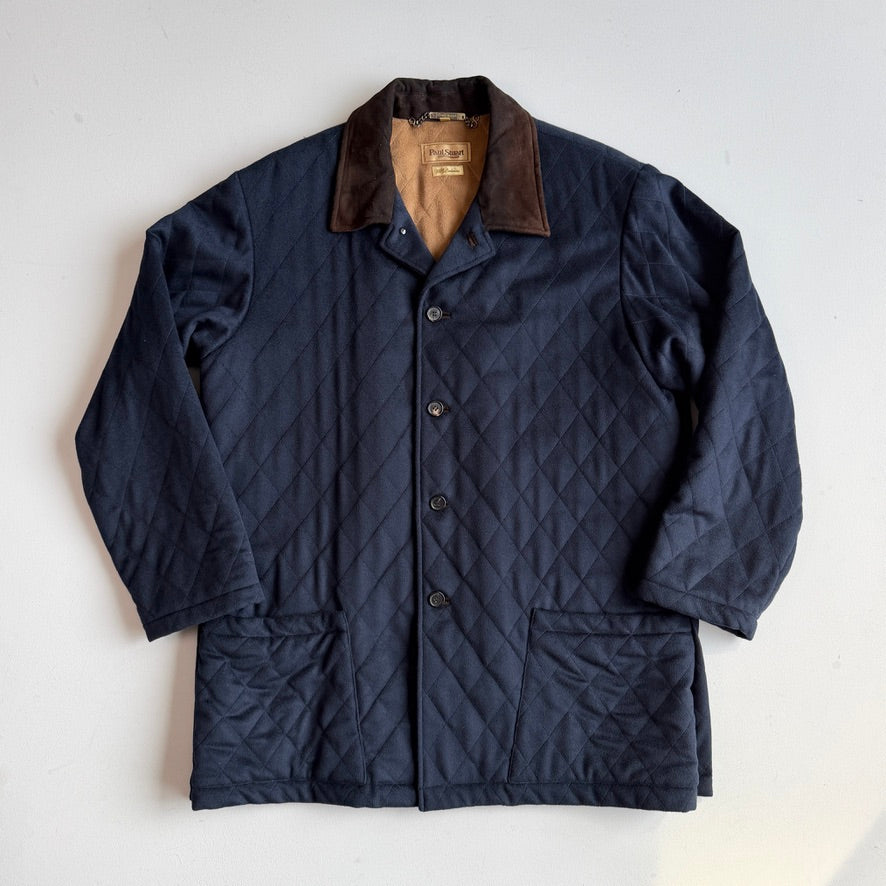 Paul Stuart (XL) 100% Cashmere Quilted Navy Blue Suede Trim Jacket Coat