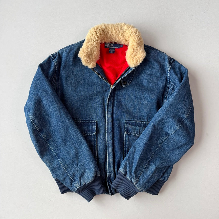 VNTG Polo Ralph Lauren (S) Shearling Collar Denim Flannel Lined Bomber Jacket