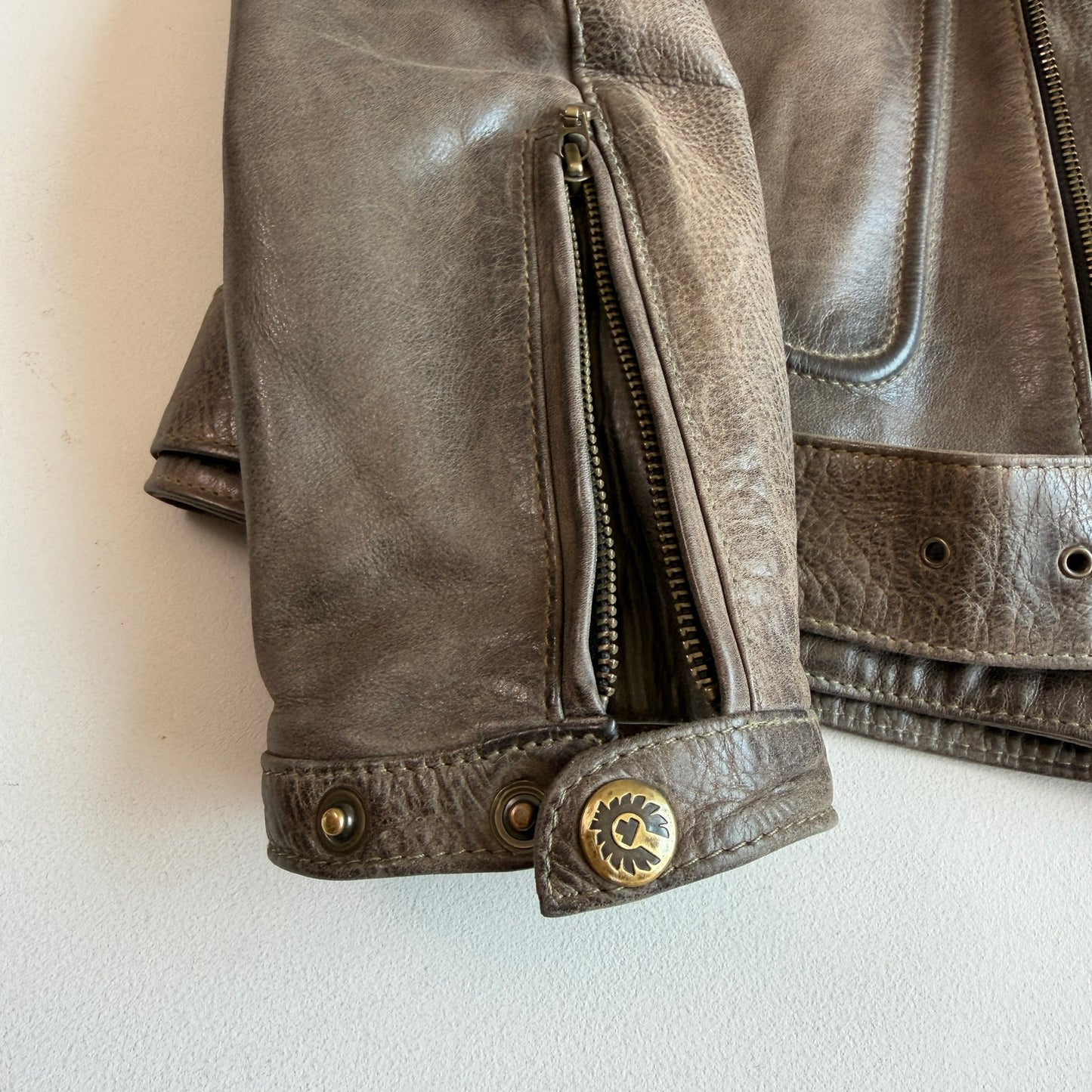 Belstaff Gold Label (L) Taupe Leather Belted Asymmetrical Zip Jacket