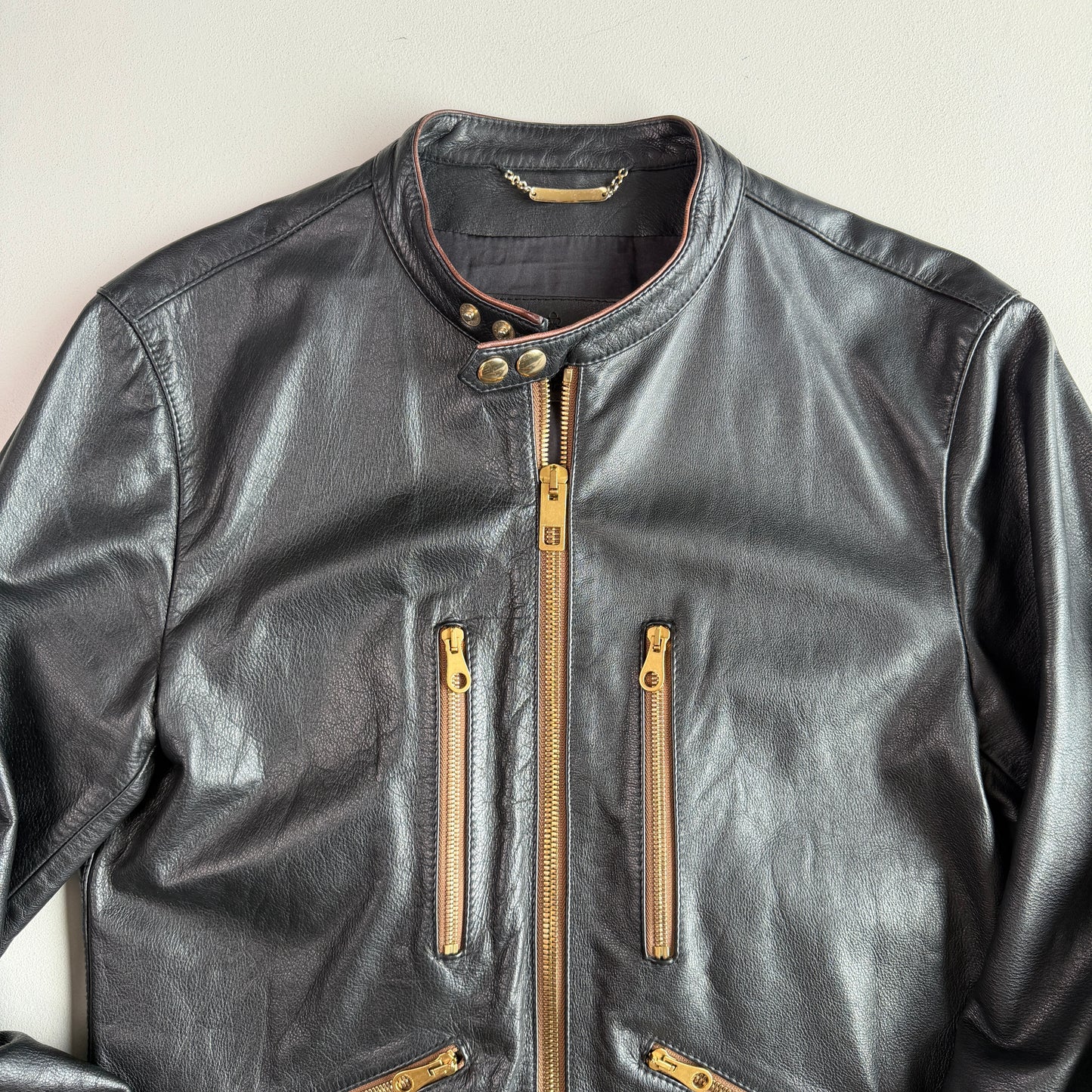 Dolce & Gabbana (48IT / M) Black Leather Brass Zipper Cafe Racer Jacket