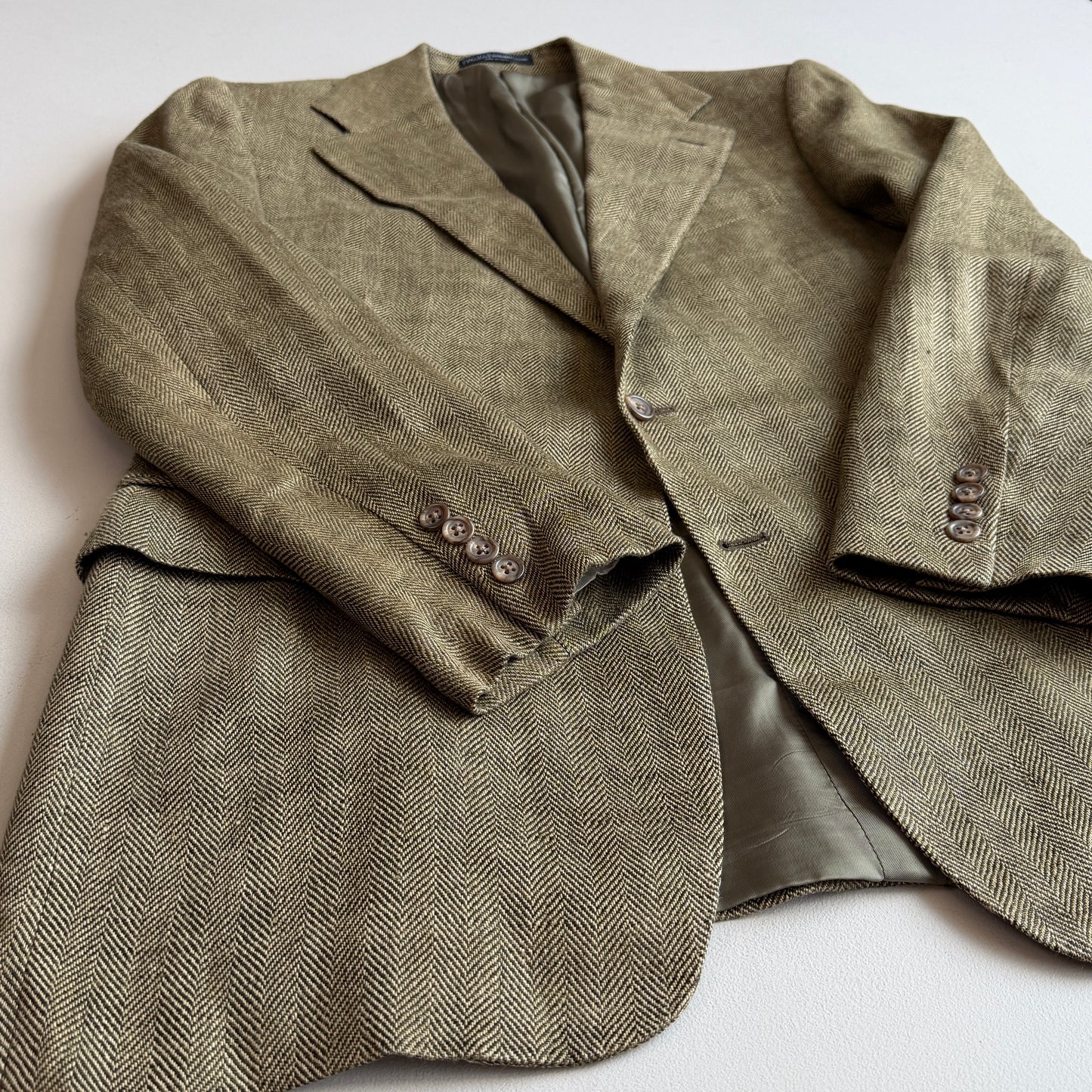Polo Ralph Lauren (42R) Olive Green 100% Flax Tweed Herringbone Sport Coat