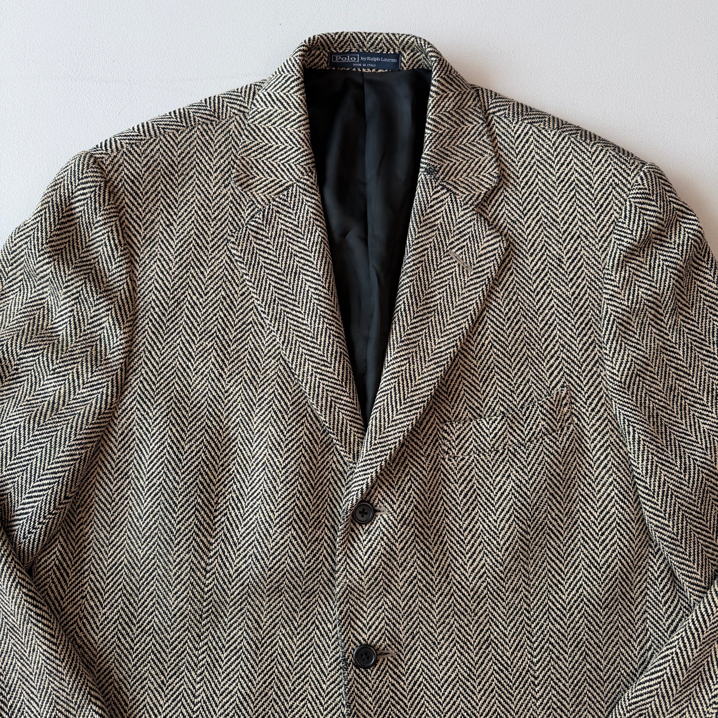 VNTG Polo Ralph Lauren (40R) 100% Silk Herringbone Beige/Black Sports Coat