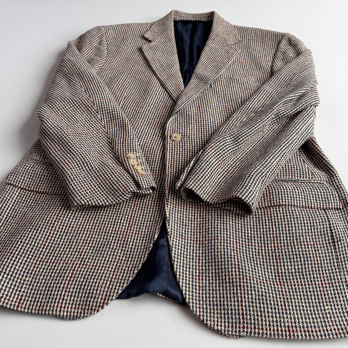 VNTG Polo Ralph Lauren (42R) 100% Silk Blue & Beige w/ Red Overcheck Sport Coat