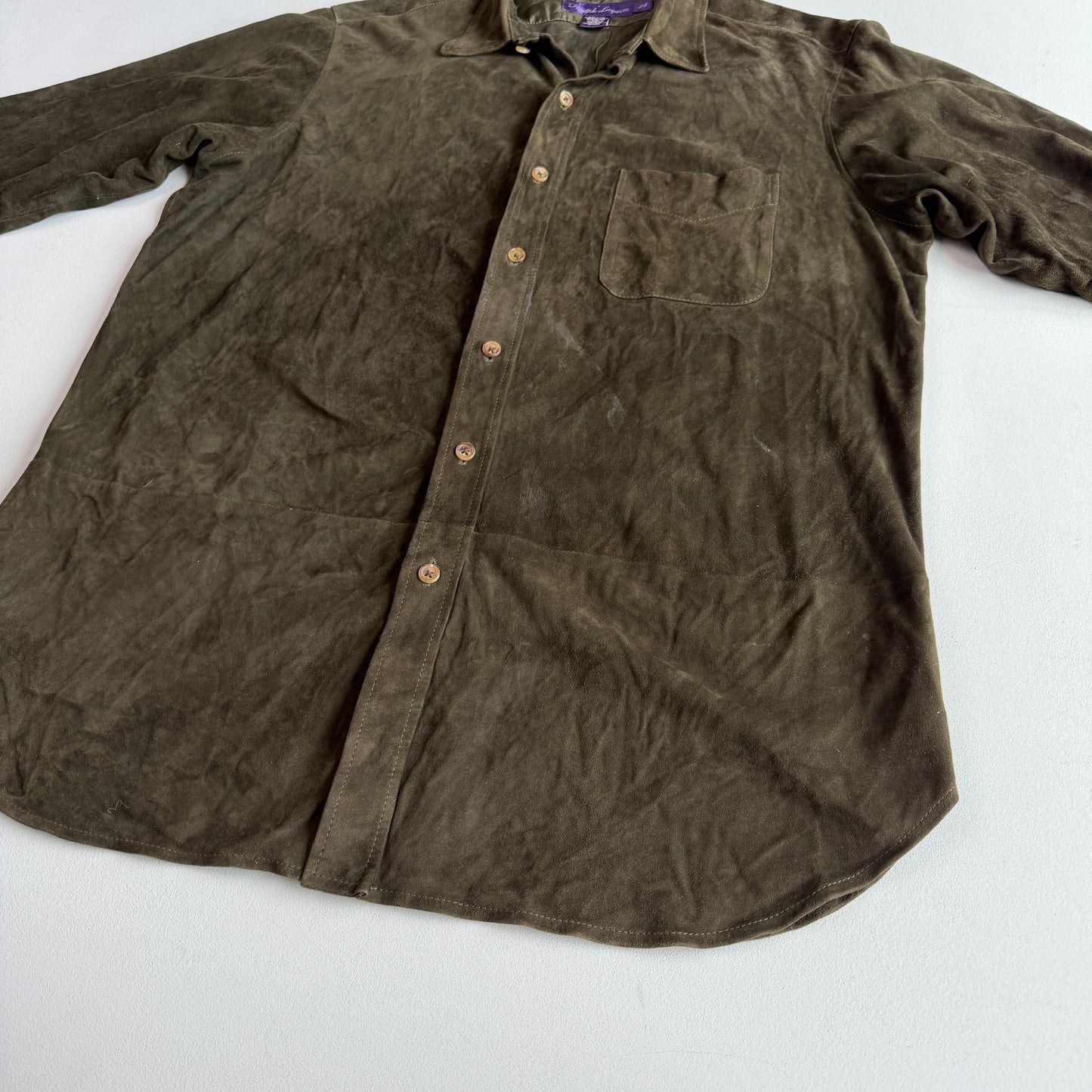 Ralph Lauren Purple Label (L) Olive Green/Brown Goat Suede Leather Shirt