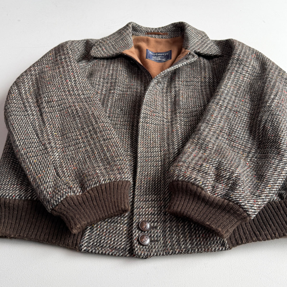 VNTG Burberry (XL) Tweed Melange Wool Raglan Sleeve Bomber Jacket