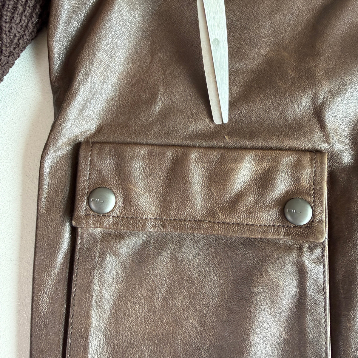Ralph Lauren Black Label (S) Leather Front Cotton Knit Brown Cardigan Sweater