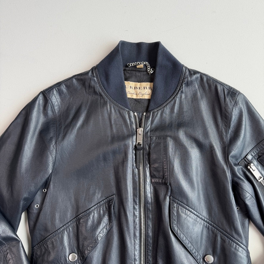 Burberry Brit (48 IT / M) Metallic Blue Leather Bomber Jacket