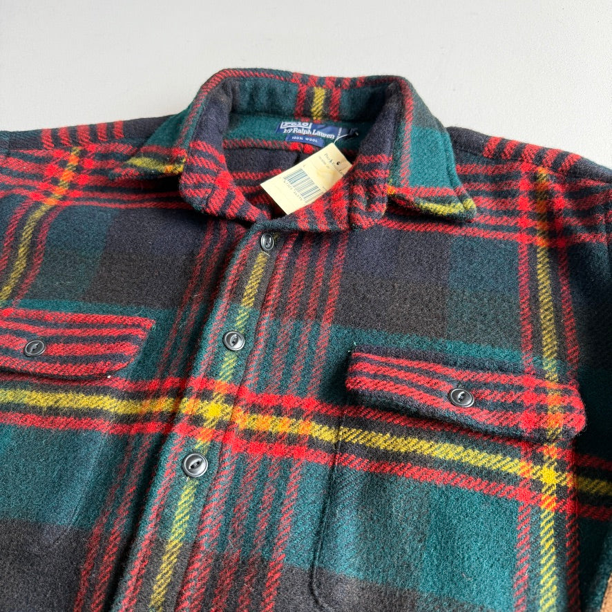 NWT VNTG Polo Ralph Lauren (L) 100% Wool Plaid Suede Elbow Overshirt