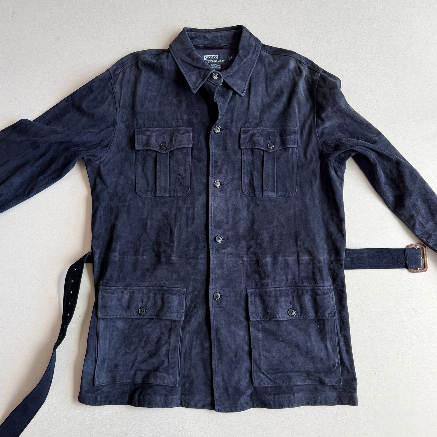Polo Ralph Lauren (L) Blue Suede Leather Safari Belted Jacket Coat