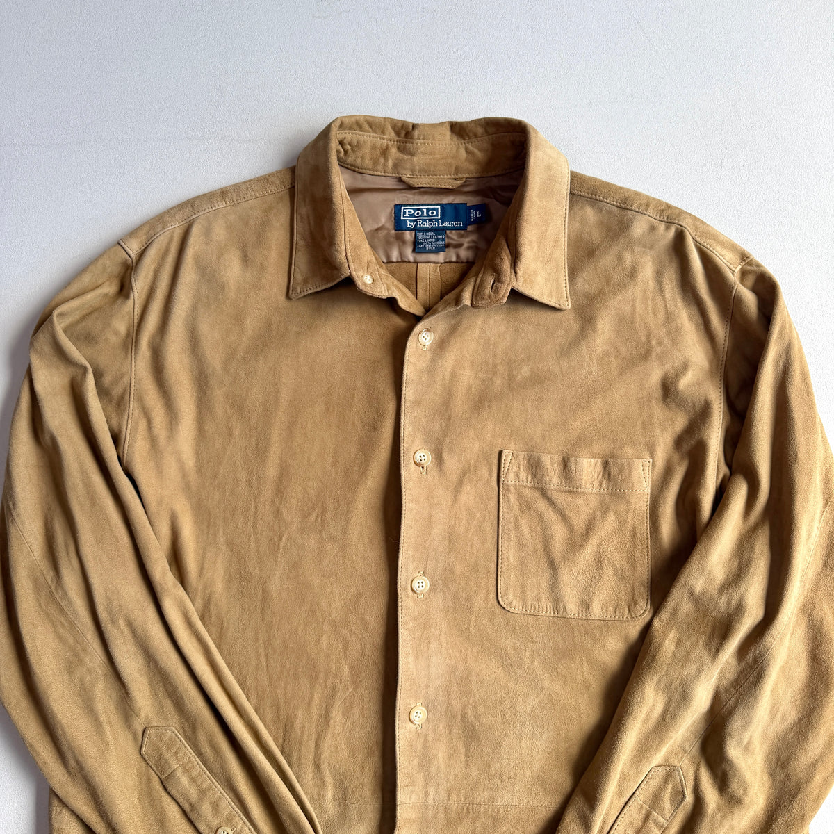Polo Ralph Lauren (L) Suede Leather Tan Button Front Long Sleeve Shirt