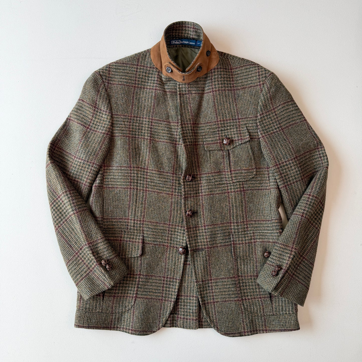 Polo Ralph Lauren (42R) Half-Norfolk Glen Plaid Suede-Trim Coat