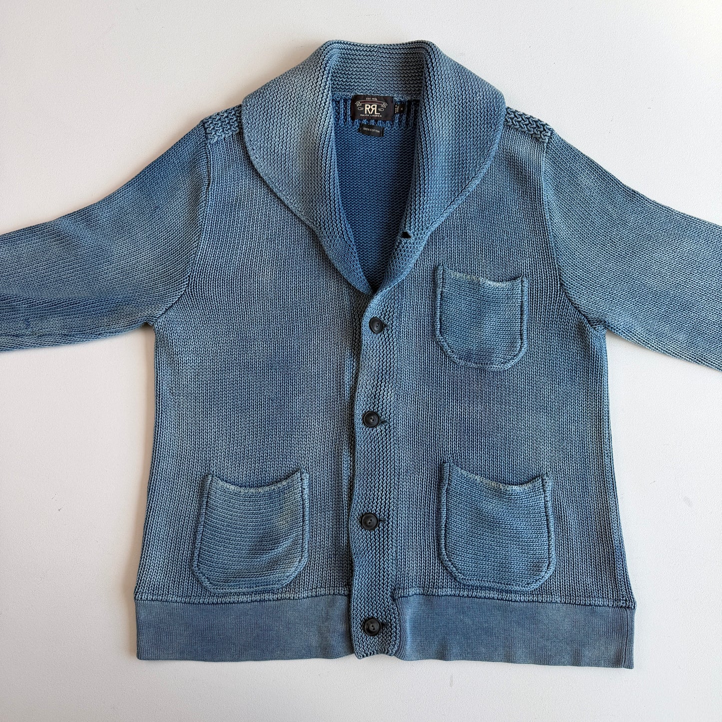 RRL Ralph Lauren (XL) Sun-Faded Indigo Cotton Knit Cardigan Sweater