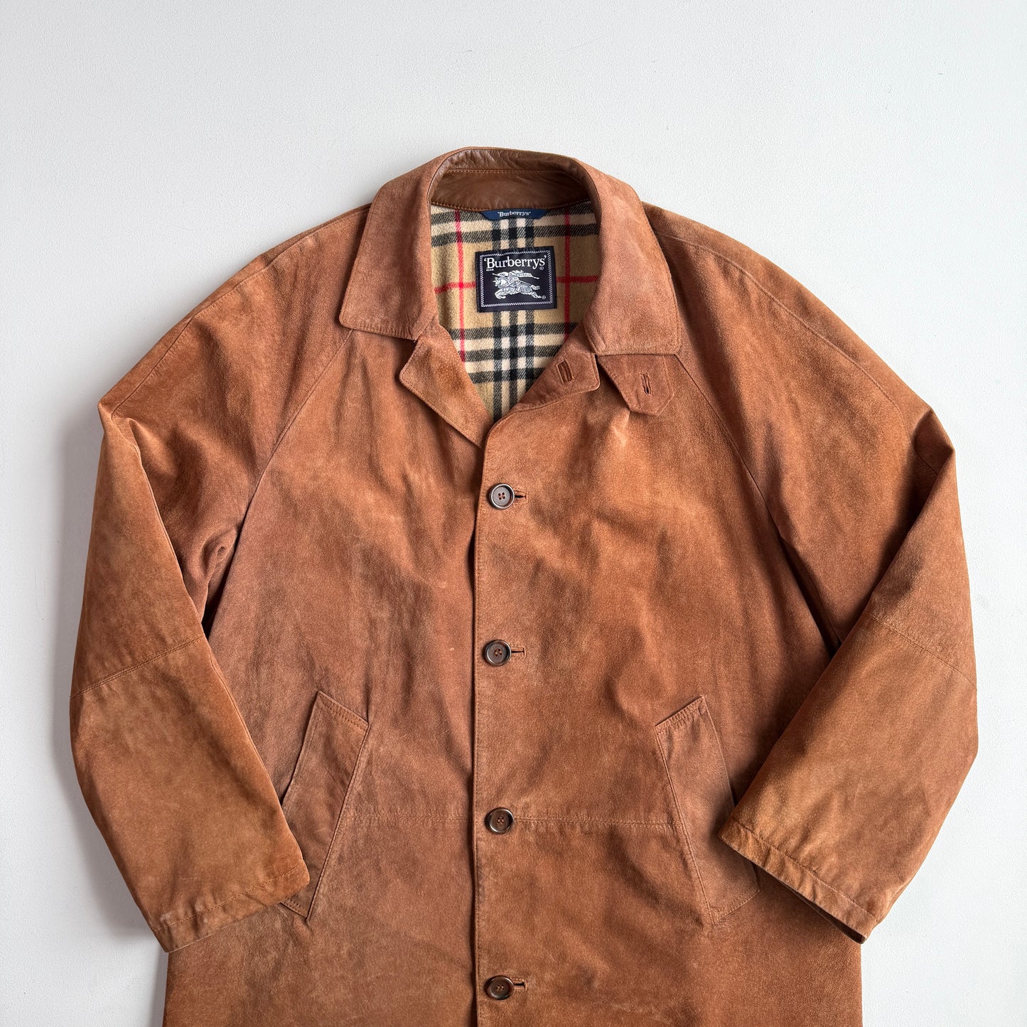 Burberry (52 /54) Suede Nova Check Raglan Balmacaan Leather Coat