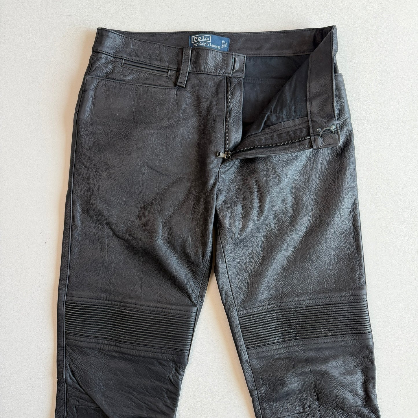 Polo Ralph Lauren (30/31 x 32/33) Leather Motorcycle Ribbed Thigh Black Pants