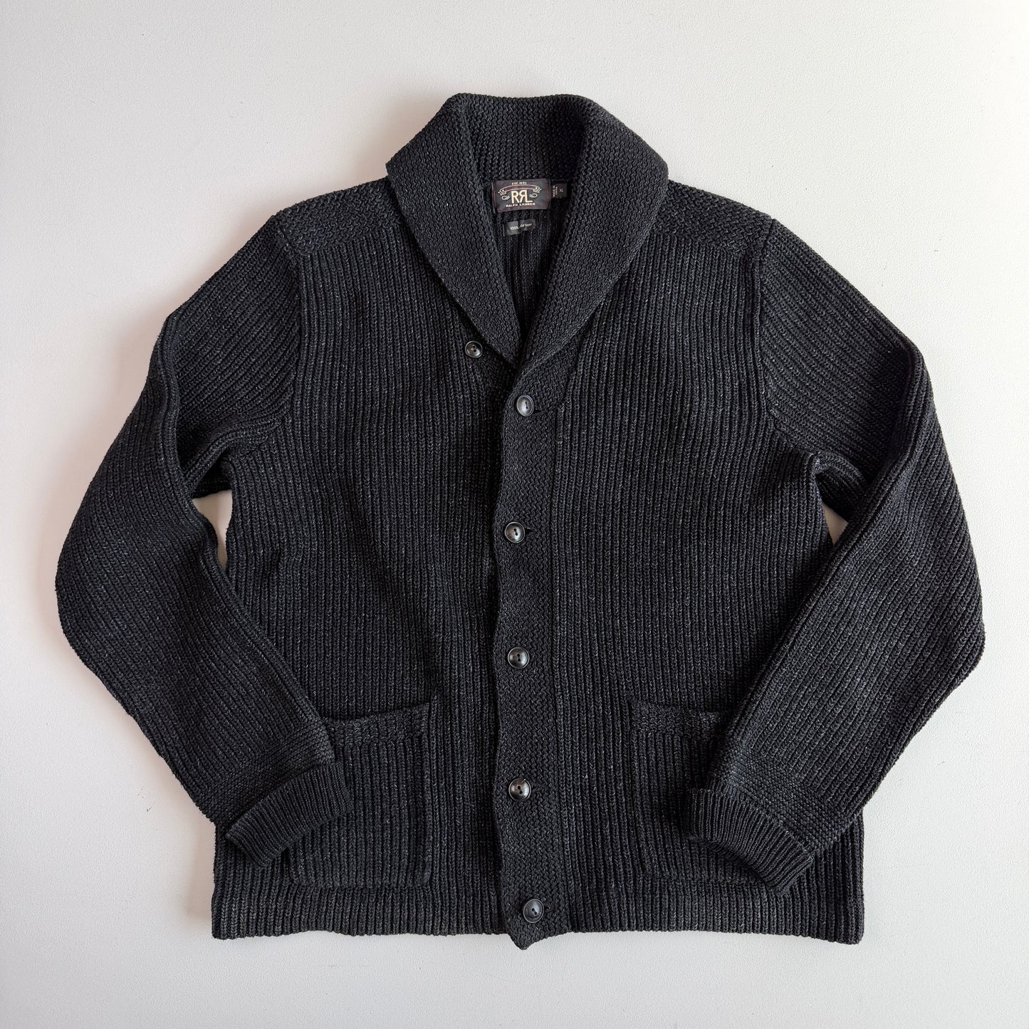 NWOT RRL Ralph Lauren (XL) 100% Cotton Dyed Black Cardigan Sweater