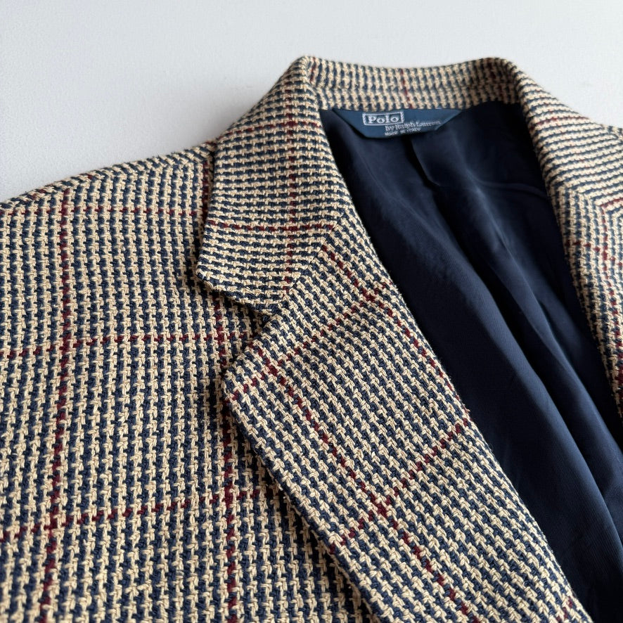 VNTG Polo Ralph Lauren (42R) 100% Silk Blue & Beige w/ Red Overcheck Sport Coat