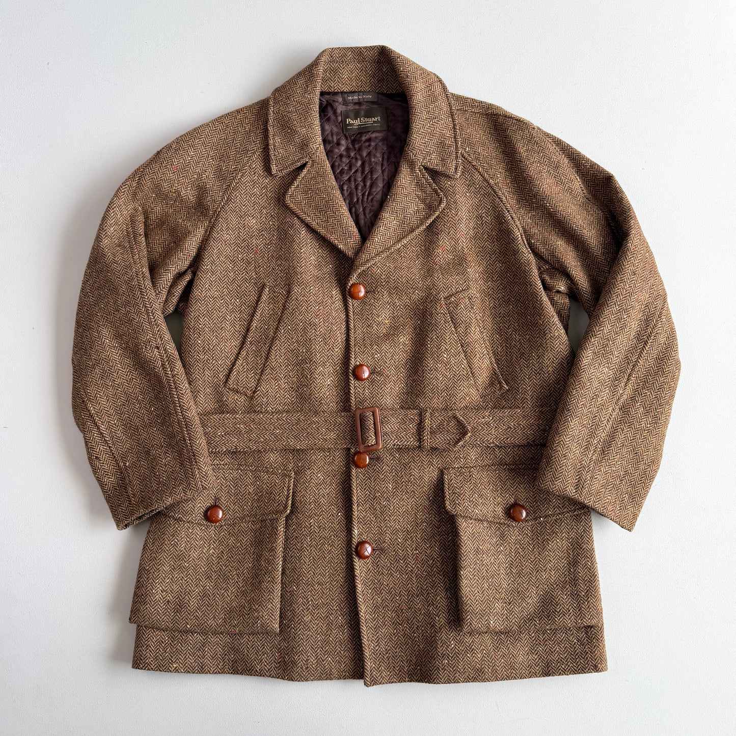 VNTG Paul Stuart (54) Tweed Wool Belted Balmacaan Norfolk-Style Field Coat