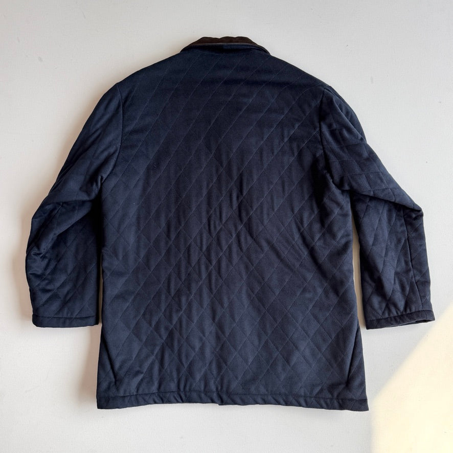 Paul Stuart (XL) 100% Cashmere Quilted Navy Blue Suede Trim Jacket Coat
