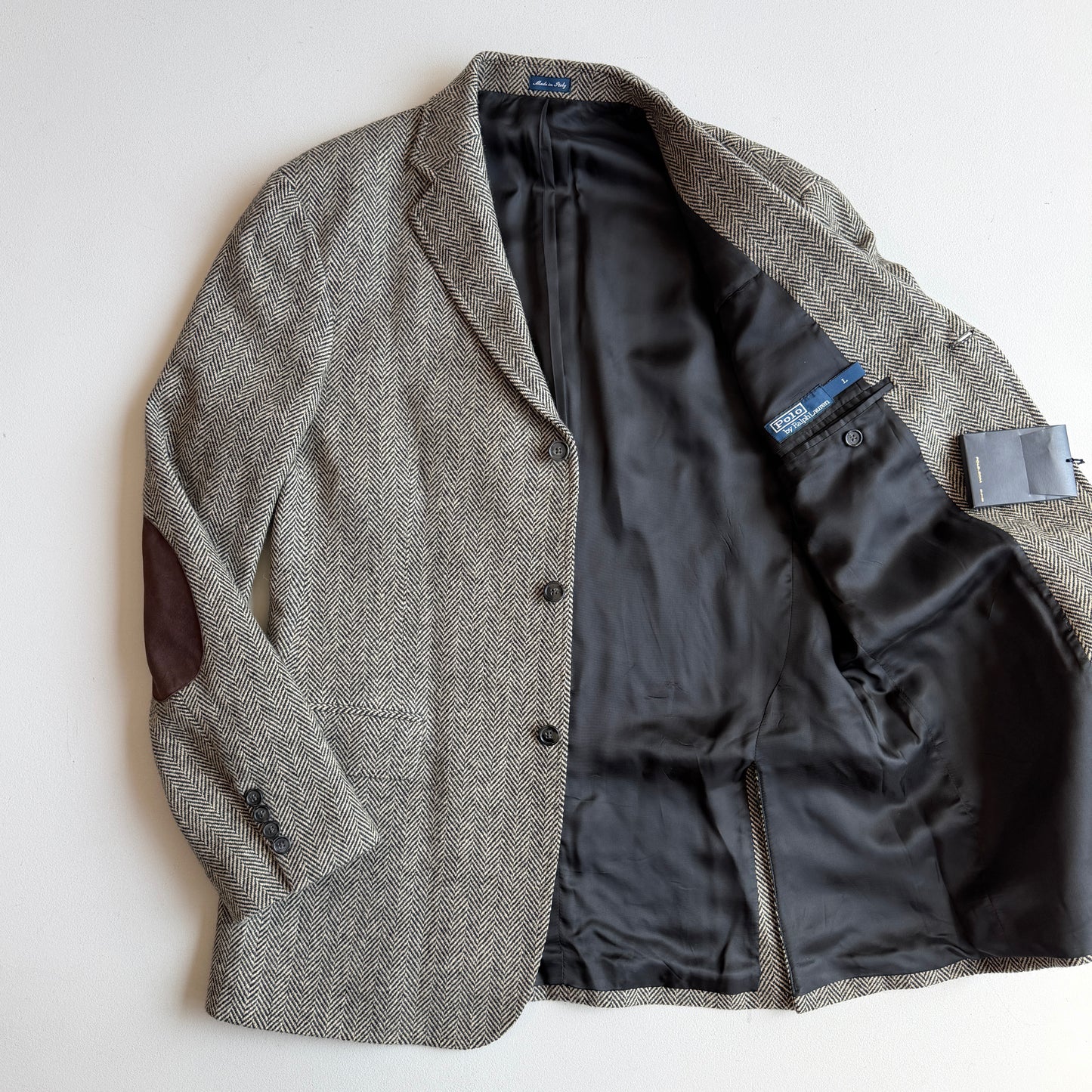 NWT Polo Ralph Lauren (L) Tweed Herringbone Wool Suede Patch Sport Coat