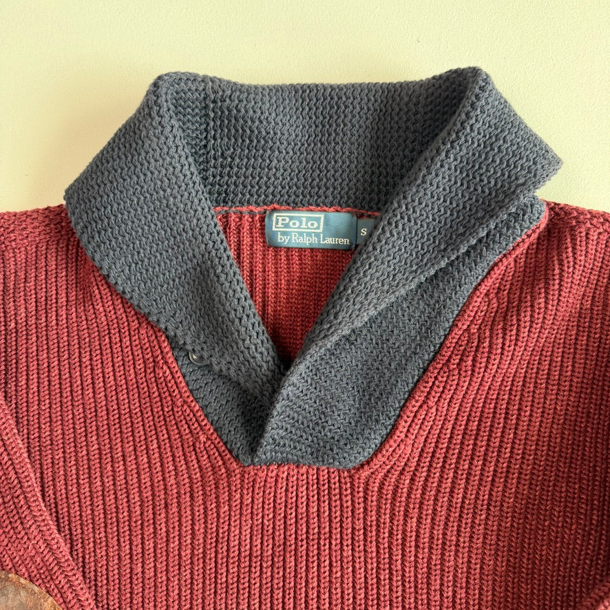 Polo Ralph Lauren (S) 100% Wool Maroon Shawl Collar Rib-Knit Sweater