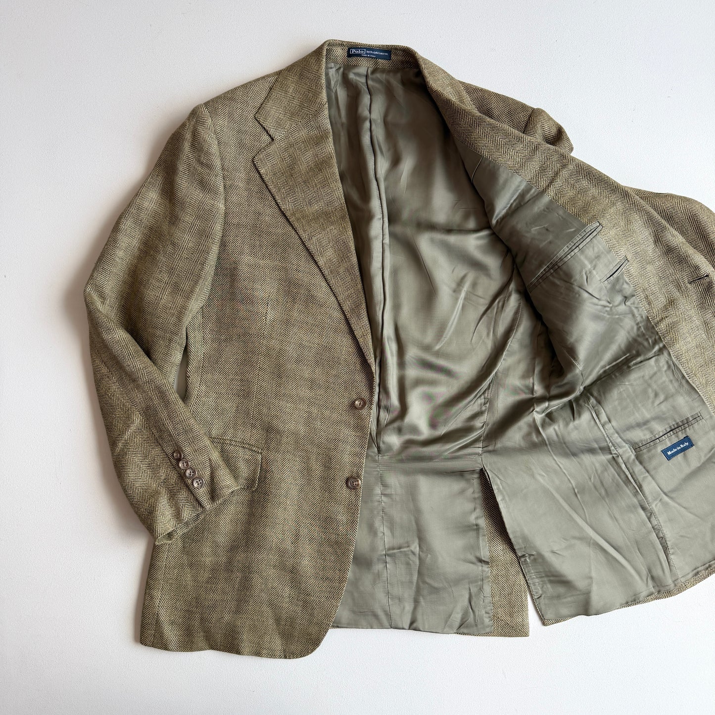 Polo Ralph Lauren (42R) Olive Green 100% Flax Tweed Herringbone Sport Coat