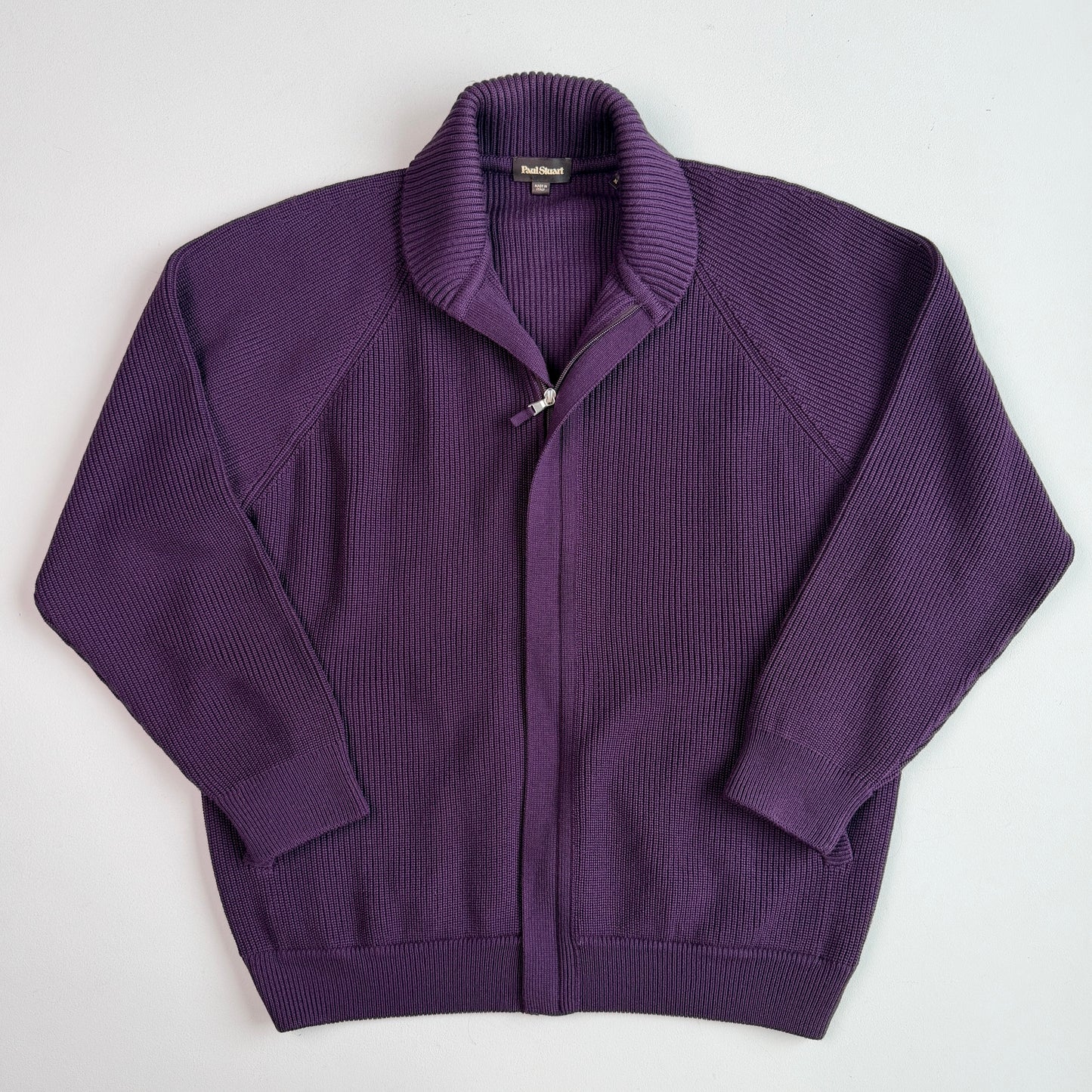 Paul Stuart (XL) Royal Purple Wool Heavy Rib-Knit Zip Sweater Cardigan