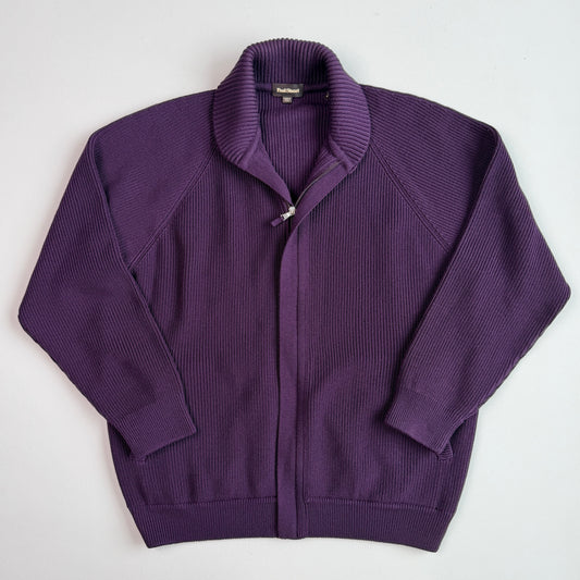 Paul Stuart (XL) Royal Purple Wool Heavy Rib-Knit Zip Sweater Cardigan