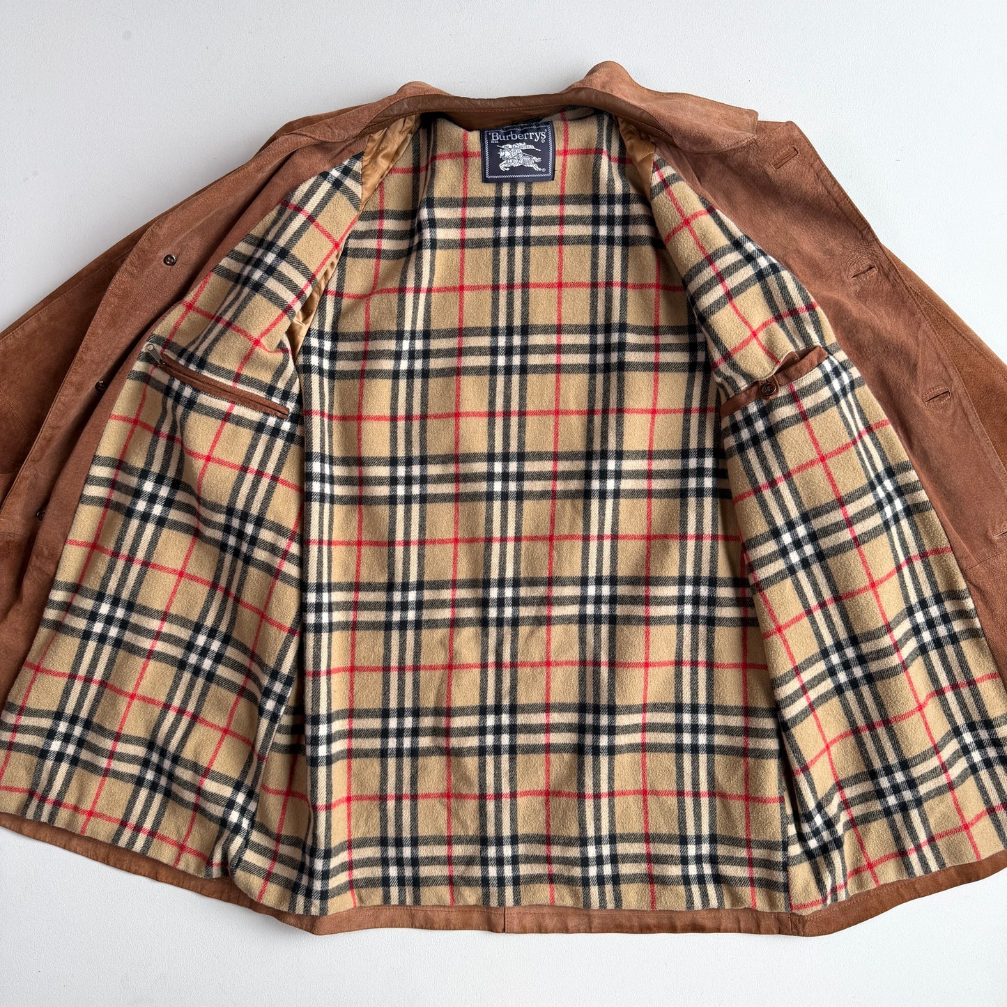 Burberry (52 /54) Suede Nova Check Raglan Balmacaan Leather Coat