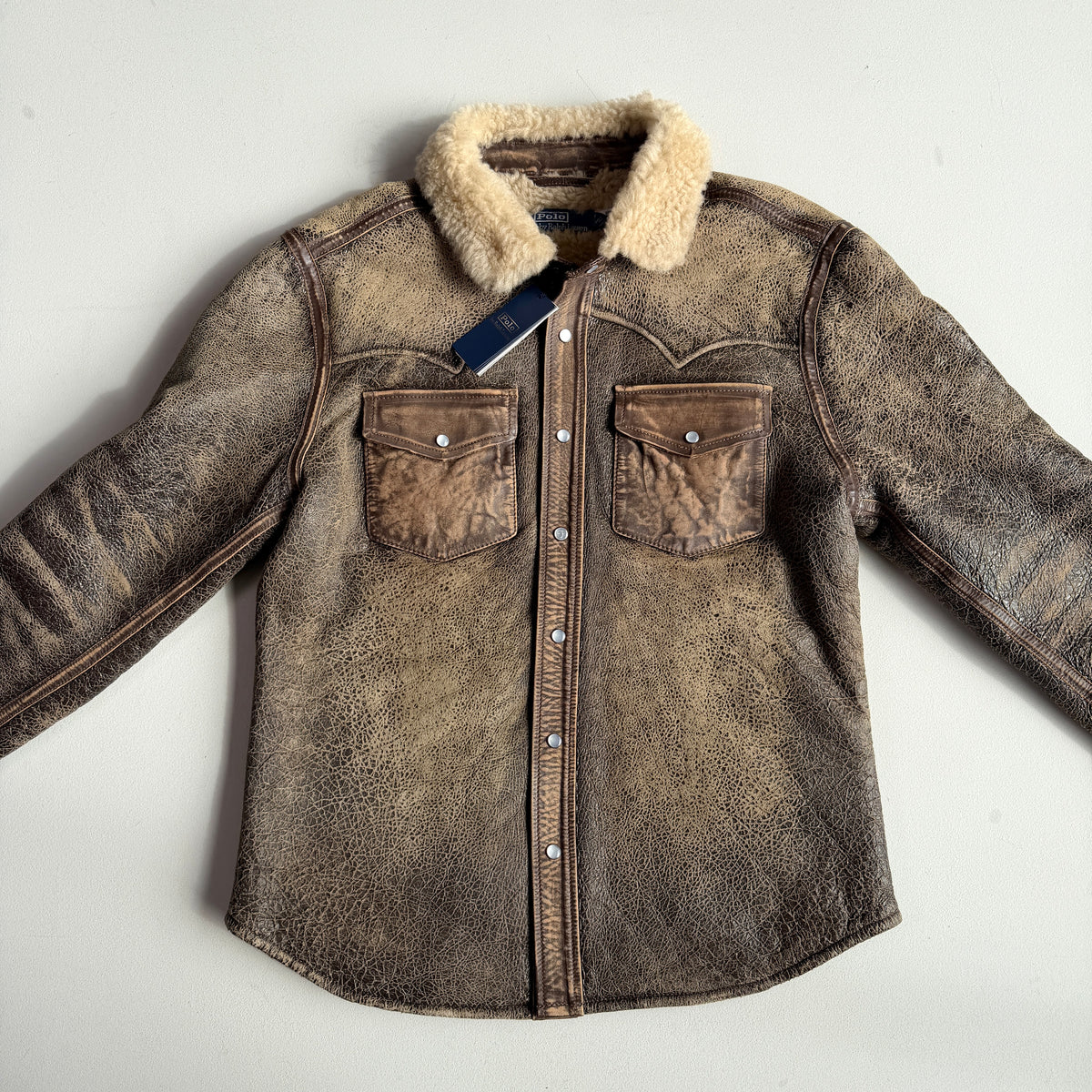 NWT Polo Ralph Lauren (S) Leather Shearling Western Pearl Snap Jacket Shirt