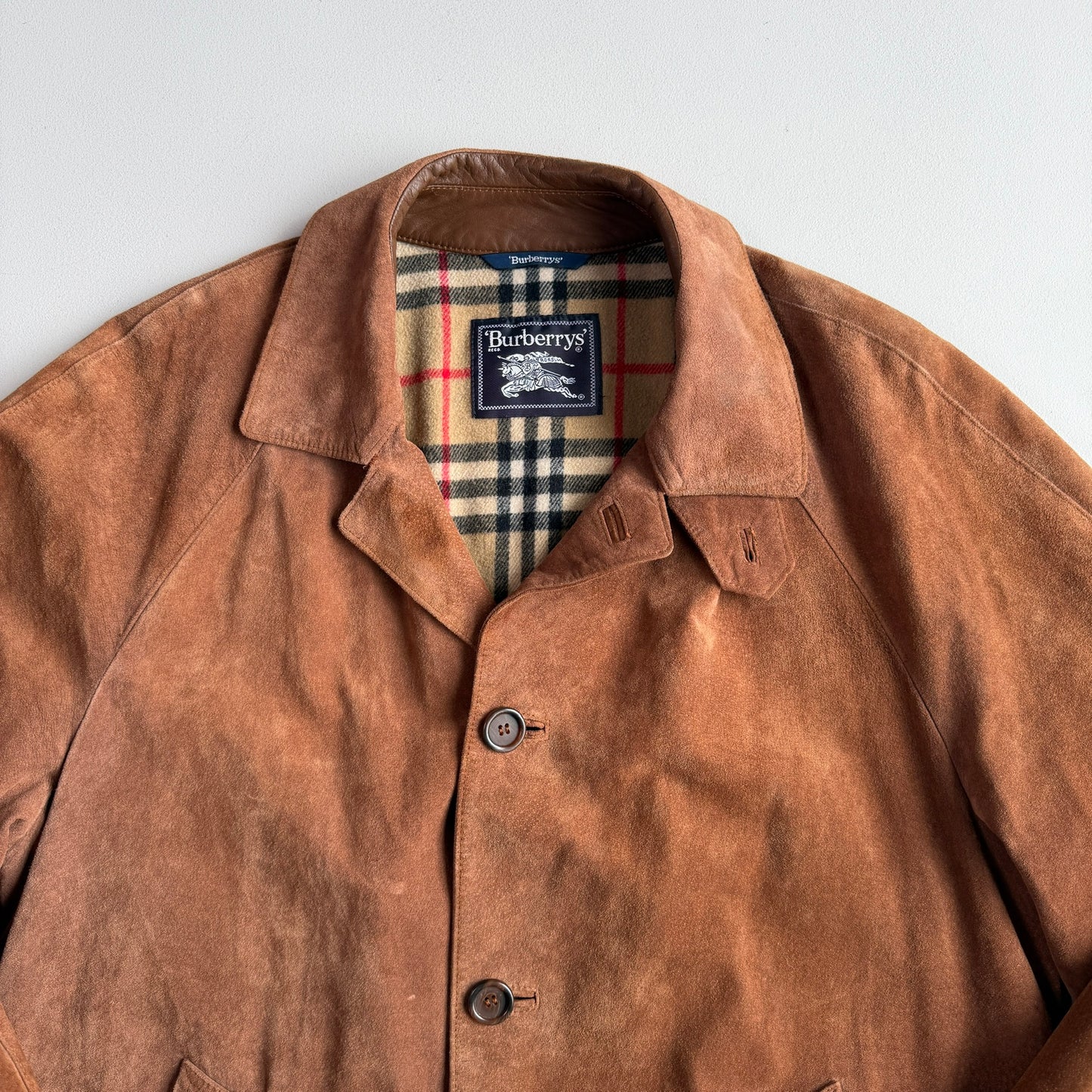 Burberry (52 /54) Suede Nova Check Raglan Balmacaan Leather Coat