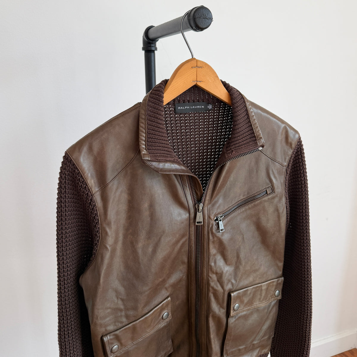 Ralph Lauren Black Label (S) Leather Front Cotton Knit Brown Cardigan Sweater