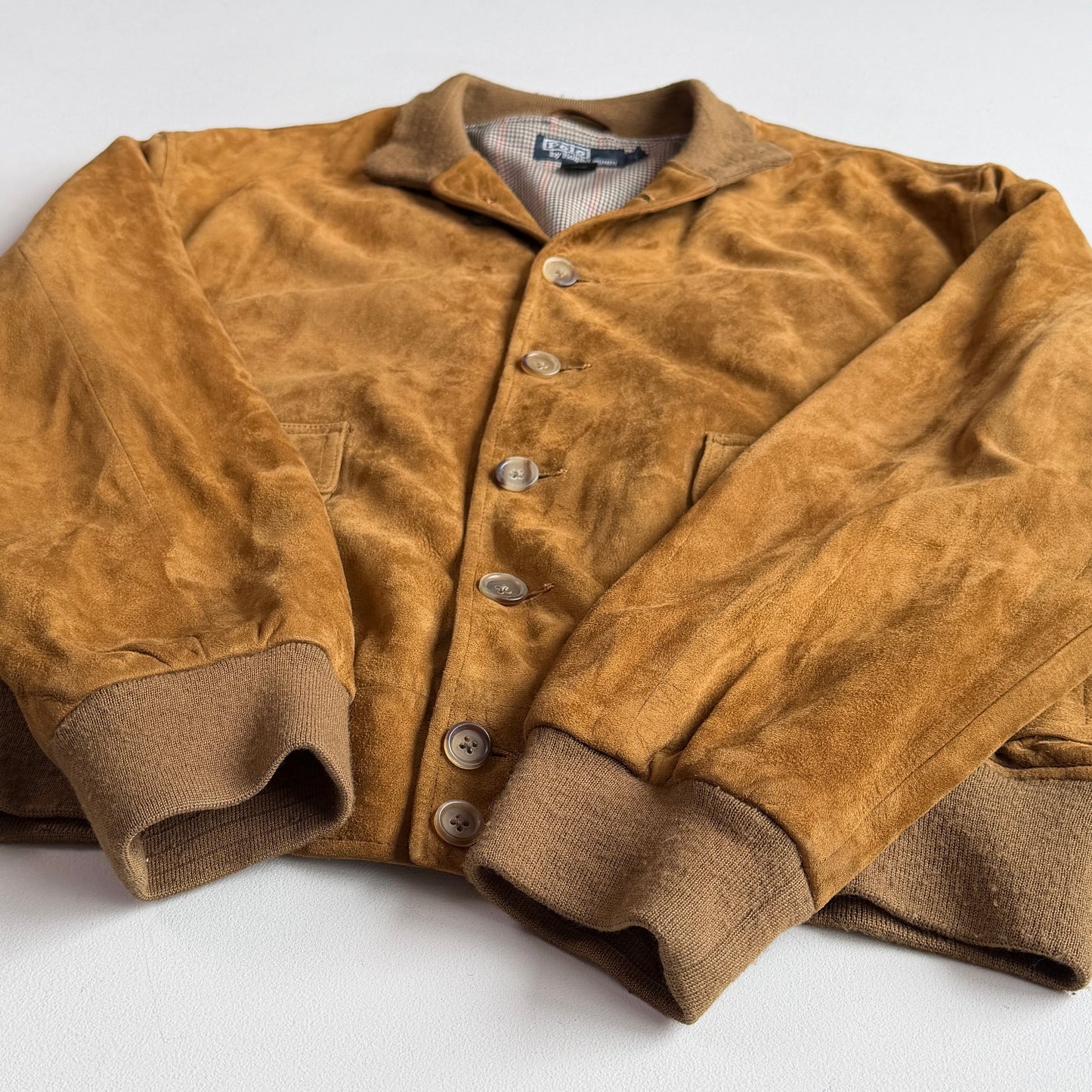 Polo Ralph Lauren (XL) Mustard Brown Suede Leather Button Bomber Jacket