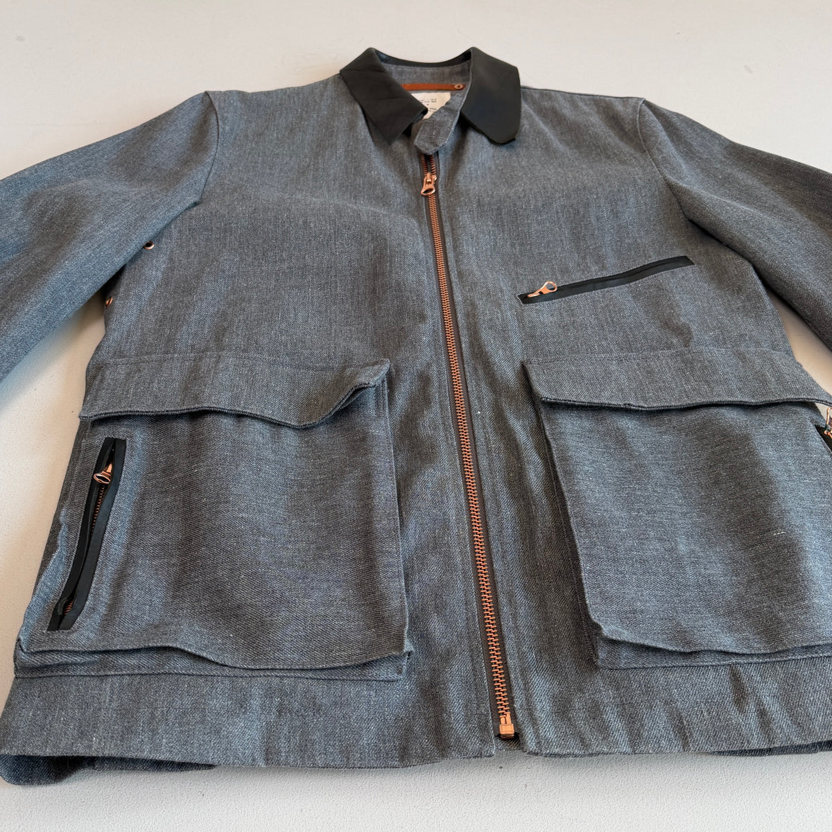 Billy Reid (M) Leather Collar Gray Denim Copper Hardware Field Jacket