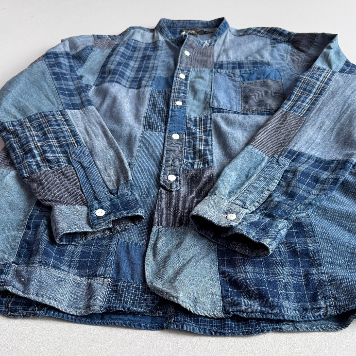 RRL Ralph Lauren (L) Indigo Patchwork Band Collar Button Front Shirt